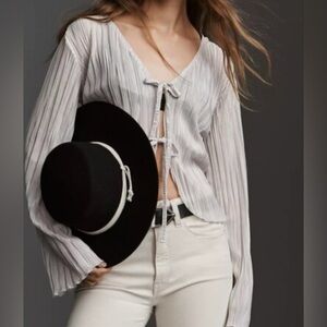 Anthropologie Grey Silver Sheer Plisse Long Sleeve Tie Front Top Size Small